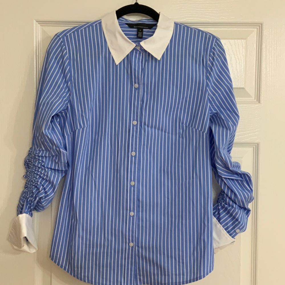 White House Black Market Blue Striped Blouse with White Collar